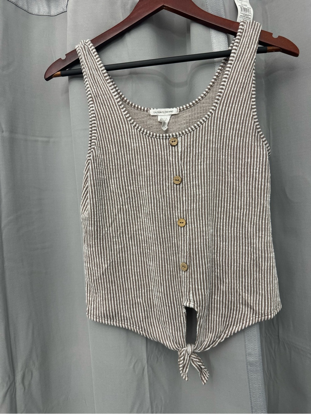 Caution To The Wind Taupe and White Striped Tie-Front Tank